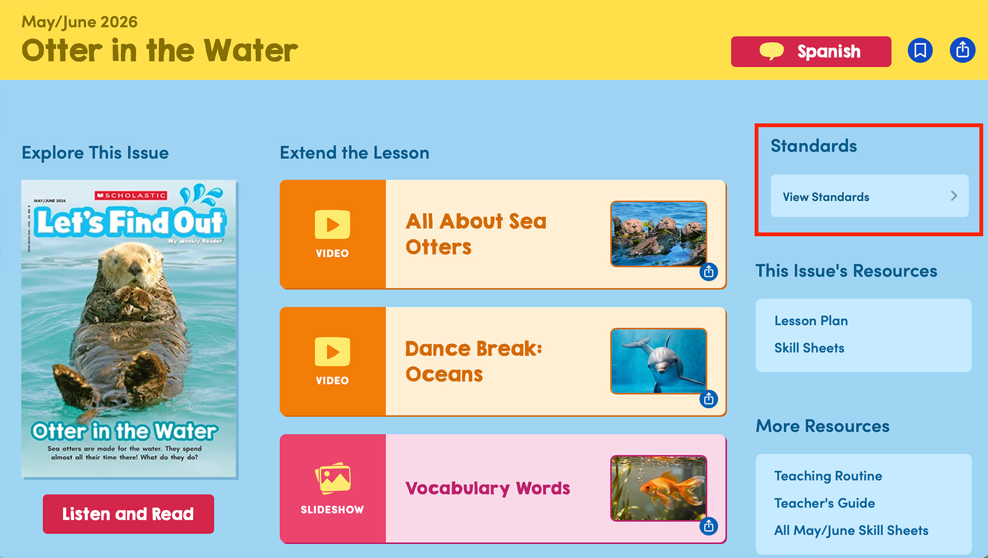 A Scholastic Let's Find Out digital lesson page for Otter in the Water with videos, a slideshow, and resource links